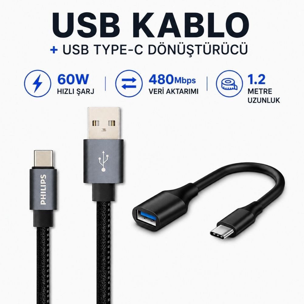 Philips 3A 60W UsbA to Type-C Deri Kaplama Hızlı Şarj Kablosu 1.2m + ScHitec Type-C to UsbA 3.0 OTG Dönüştürücü Adaptör