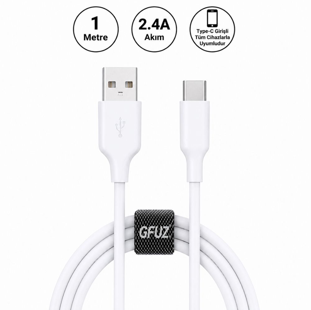 Gfuz CA58 2.4A UsbA to Type-C Data ve Hızlı Şarj Kablosu Beyaz