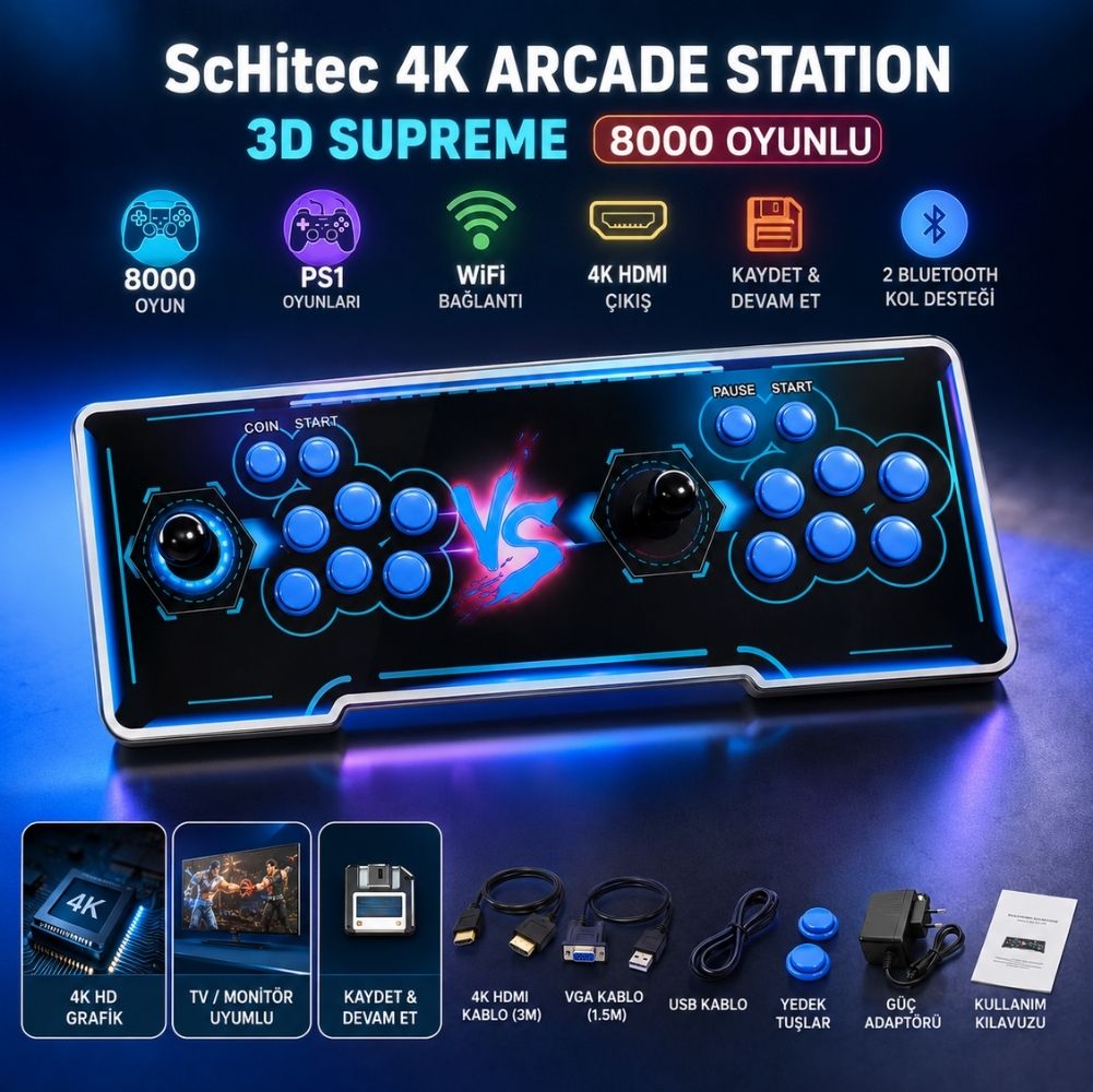 ScHitec 4K Arcade Station 3D Supreme 8000 Oyunlu TV Baglanan Atari Makinası 