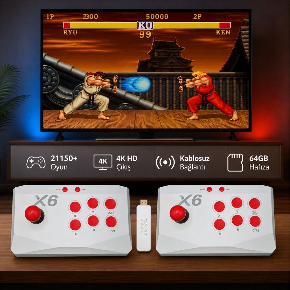 ScHitec X6 4KHD Kablosuz Çift Arcade Joystickli Retro Oyun Konsolu 21150 atari Makinası Oyunlu 64GB